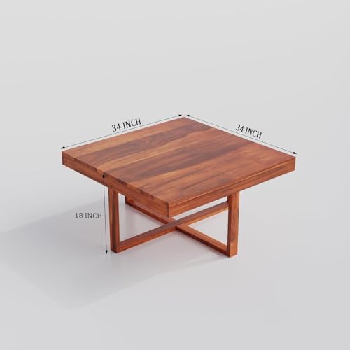 Image of Solid Sheesham Wood Coffee Table with 4 Stool | Center Table with 4 Stools for Living Room | Rosewood Teapoy Table with Cushioned Stool (Square,Honey Finish)