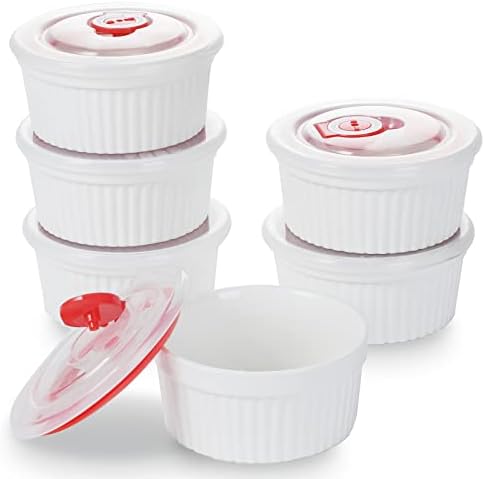 12 oz Ramekins with Lids - 6 pcs Porcelain Ramekins Dishes for Souffle,Creme Brulee, Pudding, Custard Cups,Bakeware Bowls Set for Baking,Oven Safe, White (4.5 inch)