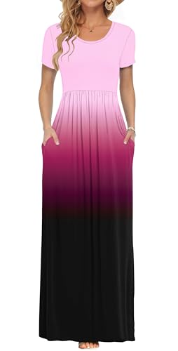 Image of AUSELILY Women's Summer Short Sleeve Loose Plain Casual Long Maxi Dresses | Year Round wear solid floral print, Casual wear, Empire waist, Floor length, Side pockets