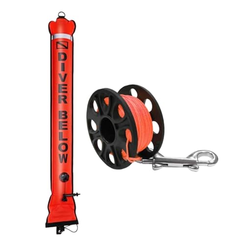 KiBcsLic Boya de Buceo Portátil con Carrete de de 30 M Y Tubo de Señal Rojo para Uso Subacuático, 1.8 M X 15 Cm