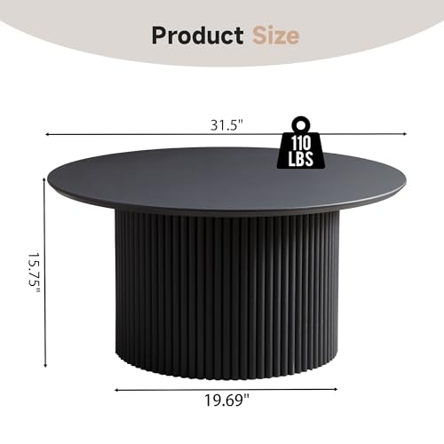 Image of 31.5 inch Round Coffee Table, Modern Fluted Accent Center Table with Metal Frame, Wooden Circle Coffee Tables for Living Room Small Space or Office (Black)