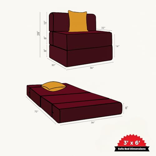 Image of CELLBELL Comfy Sofa Cum Bed 3x6 Feet | Foldable Dual Use Couch Bed with Soft Cushions, Washable Fabric Cover & Sturdy Frame | Space Saving Modern Design for Living Room, Bedroom & Guest Use (Maroon)