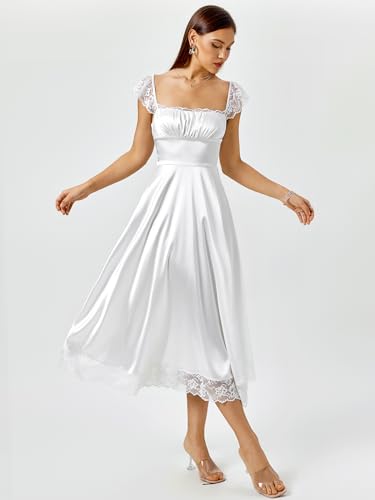 Image of EYNMIN Lace Strap Chiffon Dresses for Women Casaul Flowy A Line Midi Tea Party Dress
