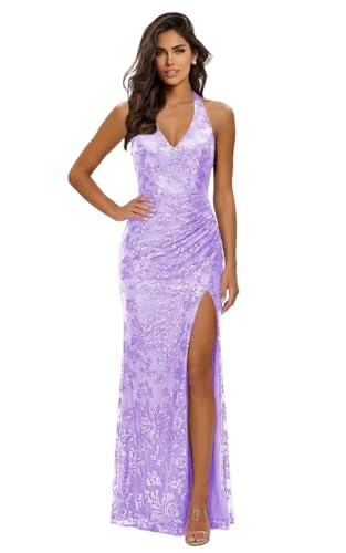 KIDSOR Halter Prom Long Ball Gowns for Women 2026 Lavender Lace Sequin V Neck Pleated Formal Evening...