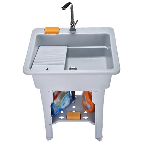 Lavatoio Lavanderia, Lavatoio da Esterno in Resina con Asse per Lavare, Lavandino in Plastica con Rubinetto per Acqua Calda e Fredda, Tubi Flessibili e Kit di Scarico(Gray,65x56x80cm/25.5x22x31.5)
