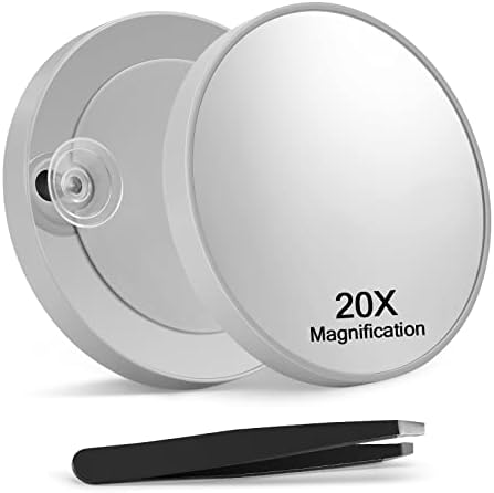 Macaki 20X Magnifying Mirror, 3.5 inches Magnified Makeup Mirror and Slant Tweezers with 2 Suction Cups,Grey, 1PCS