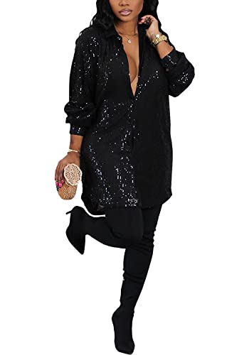 Midi Sequin Dress for Women Sparkle Button Down Sexy Shirt Dresses Long Sleeve Party Club Dress