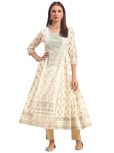 Image of rangita Off White Viscose Blend Calf Length Printed Anarkali Kurti for Women | Kurta for Women