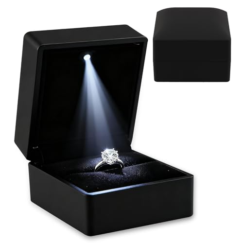 Ring Box with LED Light Ring Earring Case for Jewelry Display Gift Luxury Auto Lighted Up for Proposal Wedding Engagement Anniversary Couple for Ring up to 2.3 cm (Black, Square 6× 6.5 ×5 cm)