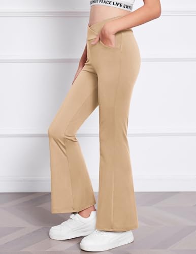 Image of Zaclotre Girls Flare Leggings High Waisted Yoga Pants with Pockets 5-16 Y | Kid Bell Bottoms, Wide Leg Pant, School Uniform, Casual Clothes, V Crossover Waist, Stretchy, Athletic, Dance