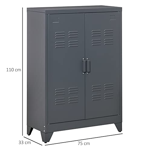 HOMCOM Armario de Almacenamiento Aparador de Metal con Doble Puerta Cierre Magnético y 2 Estantes Ajustables para Oficina Salón Dormitorio 75x33x110 cm Gris - imagen 3