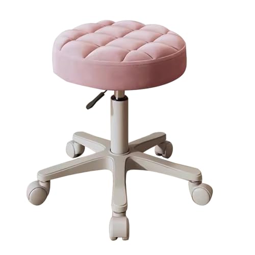 Taburete ajustable rosa con ruedas para maquillaje y peinado. Perfecto para dormitorios de niñas, oficinas en casa, salones de uñas y salas de estar. Asiento cómodo