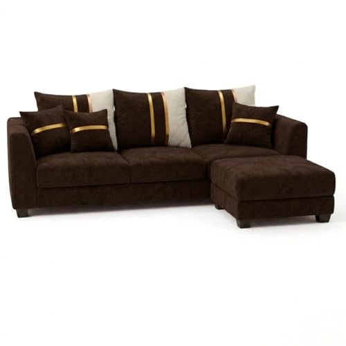 Image of Vero 4 Seater L Shape Sofa Set with Movable Ottoman | Flexible Left or Right Layout | Luxury Velvet Suede Fabric | Modern Living Room Sofa | Dark Brown
