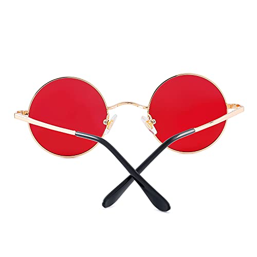 Image of Red Lens Circle Glasses Small Round Polarized Sunglasses for Women Men Retro Hippie Style Circle Sun Glasses