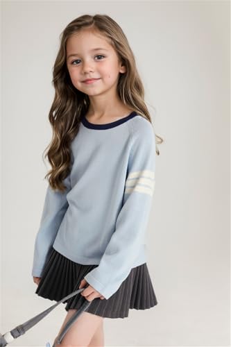Image of Girls Color Block Pullover Sweater, Spring Fall Oversized Knit Long Sleeve Top with Striped Sleeve, Blue