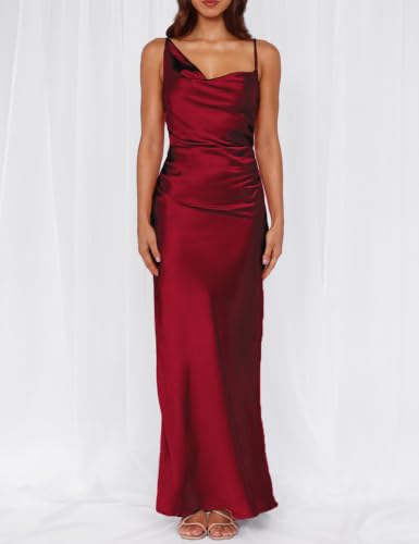 Image of Formal Satin Silk Spaghetti Strap Maxi Dresses for Women Wedding Guest