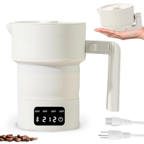 Portable Electric Kettle-Foldable Travel Water Boiler 20oz Collapsible Small Electric Kettle with 4-Temp Presets for Hotel Office Camping