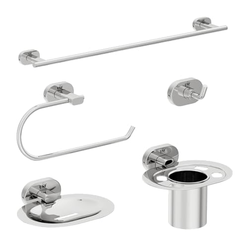 Image of LAPO 304 Stainless Steel Combo Bathroom Accessories Set (24 inch Towel Rod,Single Soap Dish,Napkin Ring,Tumbler Holder, Towel Robe Hook) Bathroom Accessories- (Kik- 5 Piece Combo Set,Chrome Finish)