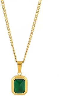 Q&D&S 女性用18Kゴールドエメラルドネックレス、長方形プリンセスカットチャームネックレス、ブルーサファイアまたはグリーンエメラルドジェムストーンペンダントネックレス、女性用誕生石ネックレス。, ゴールド, エメラルド