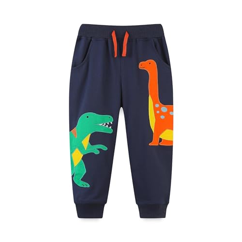 Irsutey Toddler Boy's Drawstring Elastic Pants with Dinosaur Embroidery Cartoon Pattern Cotton Jogging Pants Casual 1-7Y