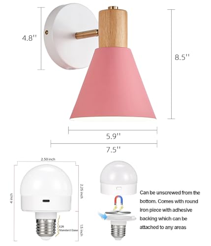 Image of Battery Operated Wall Sconces Lighting Set of 2, Adjustable Wireless Wall Lamp, Cordless Wall Lighting with Remote and Dimmable Rechargeable Bulbs for Bedroom Living Room (Pink)