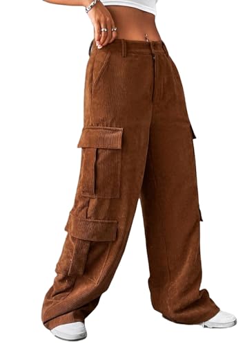 Corduroy Cargo Pants for Women Wide Leg Mid Rise Loose Fit Trousers with Pockets4