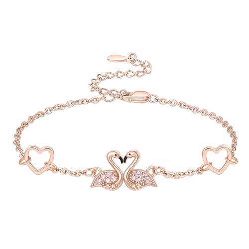 KINGWHYTE Flamingo Bracelet for Women 925 Sterling Silver Rose Gold Flamingo Bracelet Animal Jewellery Gifts for Women - Main Image