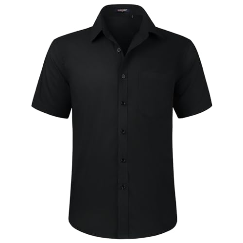 HISDERN Chemise Noir à Manches Courtes pour Hommes Chemise d'été décontractée Coupe régulière Boutonnée Chemise habillée Formelle avec Poche Poitrine,L