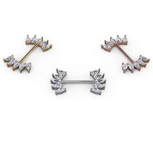 Freshtrends White Sapphire 10 Pears Crescent 14K Gold Barbell Nipple Ring, 14K Rose Gold | 16G | 9/16" (14Mm) #TOP2