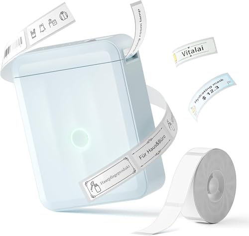 D110 Etiquetadora, Mini Impressora Térmica Bluetooth Portátil, Rotuladora de Etiquetas Adesivas para Casa, Escritório, Cozinha e Escola, com Etiquetas de 12 * 40mm - 160pcs/Rolo (Meia Polegada), Azul