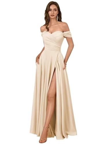 Women’s Off Shoulder Satin Bridesmaid Dress A Line Sleeveless Long Formal Party Prom Dress with Slit