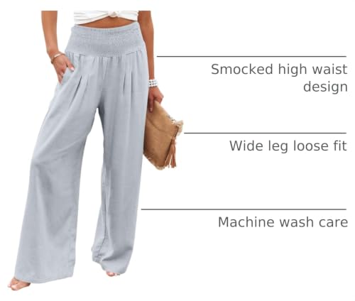 Image of ANRABESS Women Linen Palazzo Wide Leg Pants with Pockets | Smocked High Waist，Comfort Casual Flowy Pants，Lounge Everyday Wear，Summer Boho Cute，2026 Beach Travel Vacation Outfits