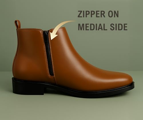 Image of Kraasa THE Ashford - Men's Stylish Vegan Leather Chelsea Boots with Side Zipper & Elastic Panel, Square Toe Ankle Boot (Tan /Black /Brown)