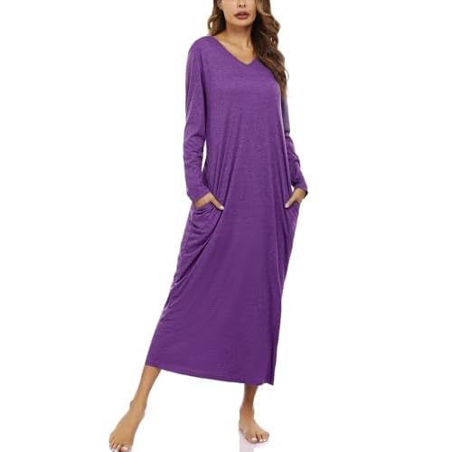 Marvmys Women Cotton Long Nightgowns Long Sleeves Nightshirts V Neck Full Length Sleep Shirts with Pocket Purple Large