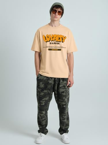 Image of LEOTUDE Men's Oversized Graphic T-Shirt inchLoyalty is a Myth inch - Casual Half Sleeve Round Neck Streetwear Tee, Soft T-Shirt for Men's (Color:Beige)