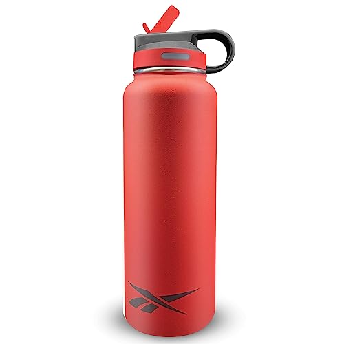 Reebok Stainless Steel Water Bottle With Straw & Athletic Design - Insulated Water Bottles 32 oz - Double Wall Vacuum Insulated Sports Water Bottle With Straw, BPA Free (Red)