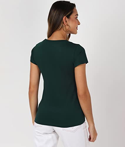 Image of UrbanMark Women 100% Cotton Round Neck Text Printed Half Sleeves T-Shirt - Green
