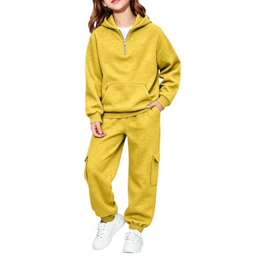 Image of Girls Half Zip Fleece Tracksuit Full Set Teen Long Sleeve Hoodie Pullover Sweatshirt and Trousers Kids Loose Fit Sweatsuit Causal 2 Piece Sports Outfits (Yellow, 12-13 Years)
