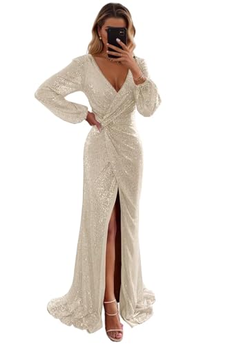 UZN Long Sleeve Sequin Prom Dresses Long Split for Women Sparkly V Neck Formal Evening Party Gowns