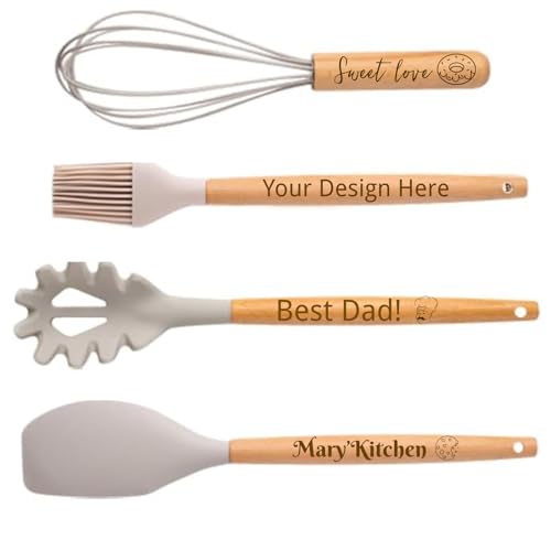 Personalised Non-Stick Silicone Cooking Utensils Set, Custom Engraved Wood Handle 4 Pcs Set, Kitchen Creative Gifts for Mother's Day Father Son Daughter Christmas Birthday Wedding Anniversary