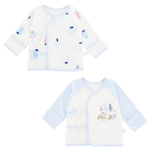 POBIDOBY Newborn Side snap Shirts for Baby Girls & Boys, Purcotton Baby Girls & Boys Top Tees with Cute Patterns, 2-Pack Blue