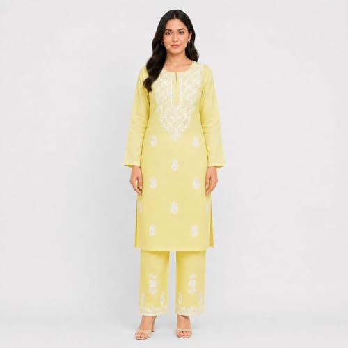 Image of Women's Chikankari Embroidered Straight Kurta with Palazzo Set, Traditional Kurti Bottom Set |Round Neck Full Sleeve Outfit for Daily,Office, Festive & Casual