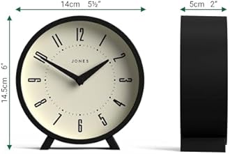 Jones Clocks® Venus desk clock | Modern round design | Black | Stylish retro look for shelf, table, mantel or bedside
