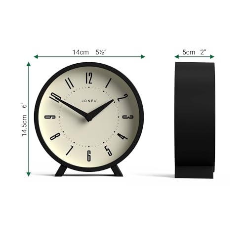 Jones Clocks® Venus desk clock | Modern round design | Black | Stylish retro look for shelf, table, mantel or bedside