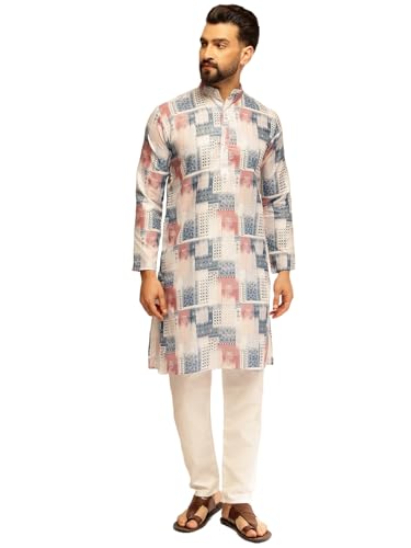 Image of SOJANYA (Since 1958 Men's Cotton Linen Abstract Printed Kurta with White Pyjama
