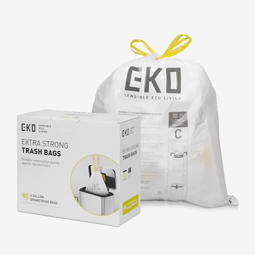 EKO Rollo de 80 bolsas de basura pequeñas con cordón extrafuerte, bolsa de basura de 4 galones (10-15 L), paquete de 80 unidades, color blanco, código C