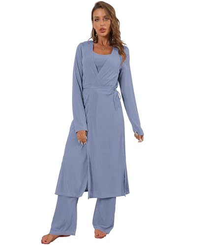 Image of 3 Piece Lounge Sets for Women Airport Travel Outfit | Long Cardigan,Tank Top ,Wide Leg Pants with Pockets,Comfy Loungewear,Casual Chic, Airplane Clothing,Vacation Matching Set