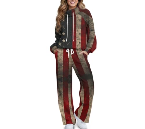 Chuzarugn Vintage US Flag Two Piece Outfits For Women Casual Long Sleeve Sweatsuits Jogger Tracksuits Lounge Sets With Pockets Size XS