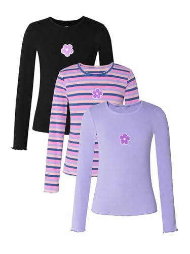 Floerns Girl's 3 Piece Floral Patch Long Sleeve T Shirts Striped Crew Neck Casual Tops Black Purple Pink 10Y