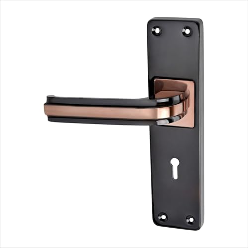 Image of Milton Iron Mortise Lock Set with Rose Gold Copper Handle, Black Plate, 200mm x 50mm, 125mm Handle Length, Complete with Keys and Hardware - MHI-09